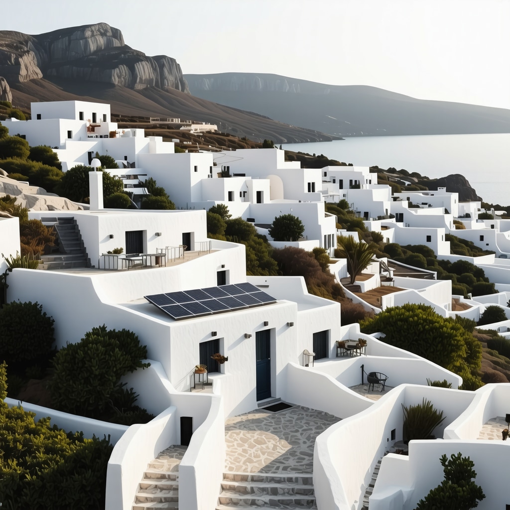 Aerial view of Santorini with smart tourism technology and eco-tourism activities