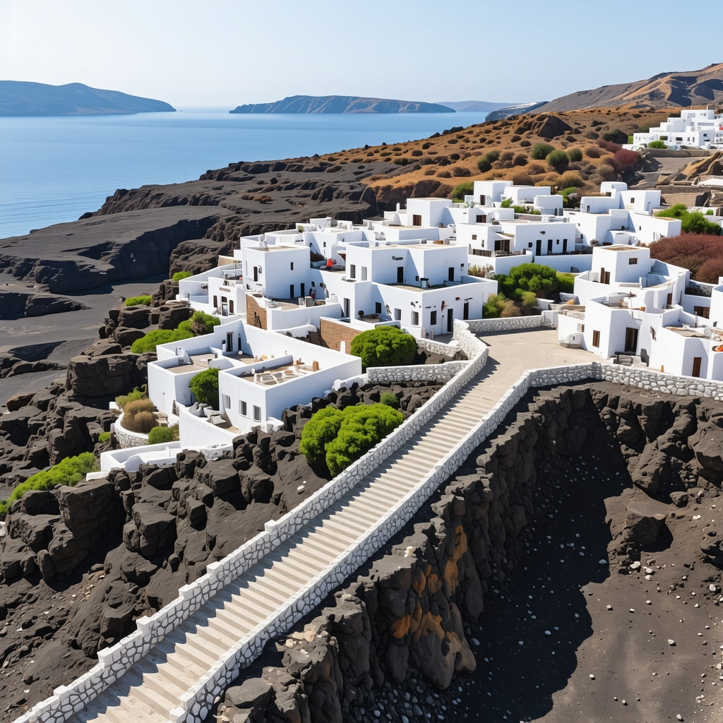 Aerial image of Santorini showing volcanic terrain with eco-friendly paths and local villages harmonizing with nature