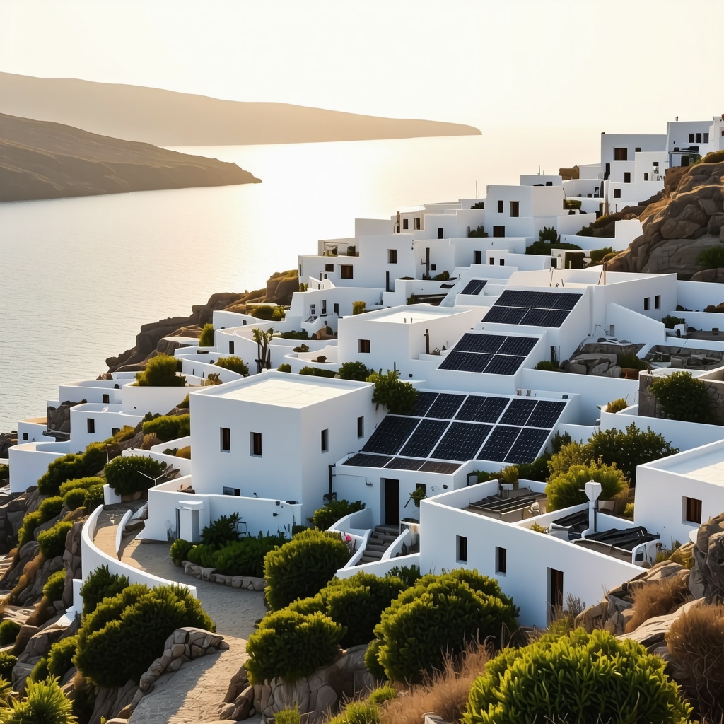 Aerial image of Santorini showcasing solar panels on white buildings with blue domes under clear sky