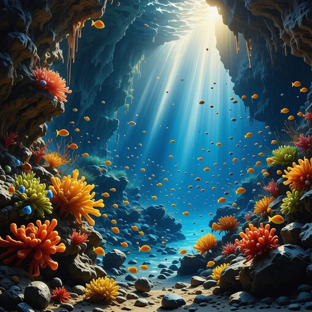 Colorful fish and caves in Saranda's clear blue waters, vibrant marine ecosystem