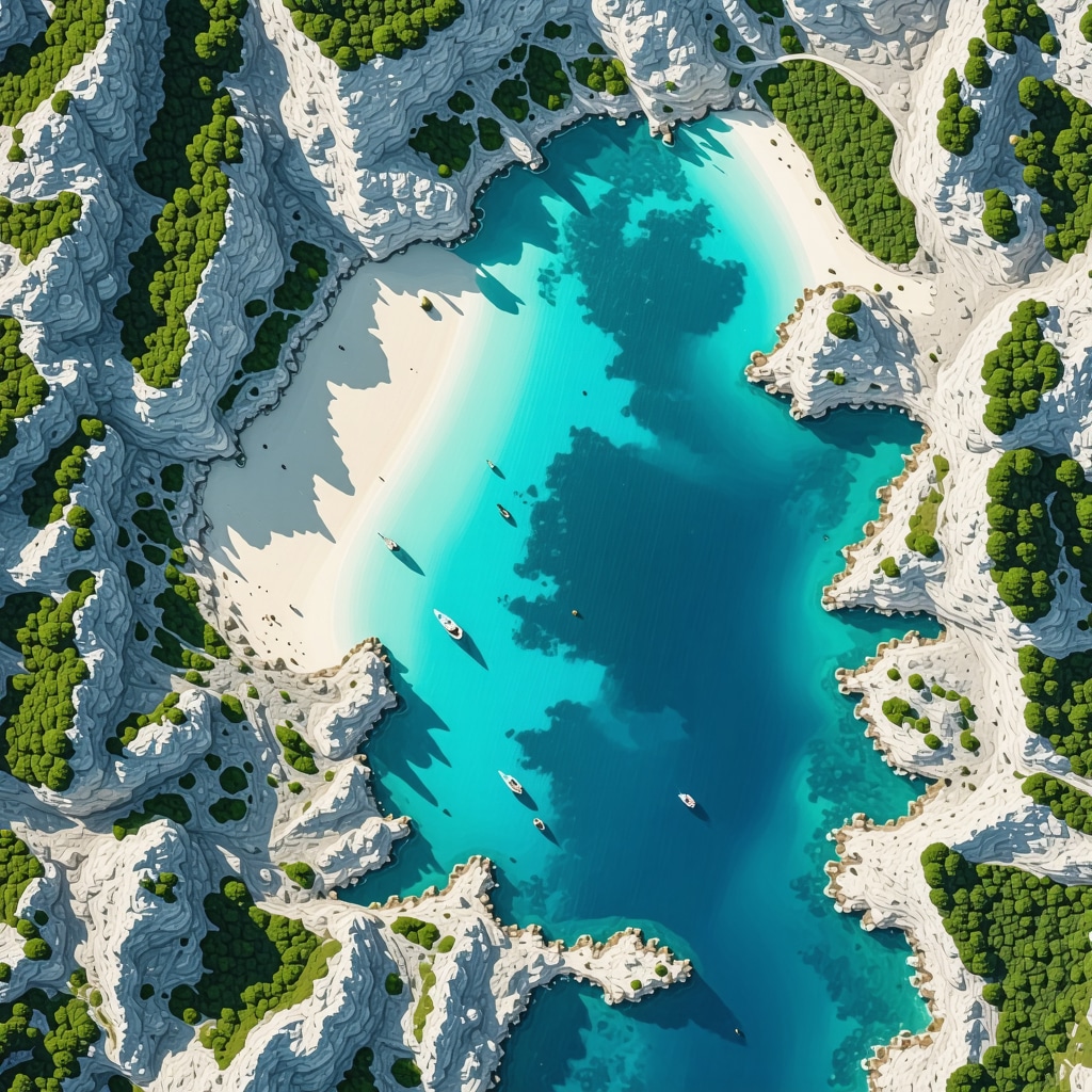Satellite image showcasing the natural coves and ecological zones of Omiş