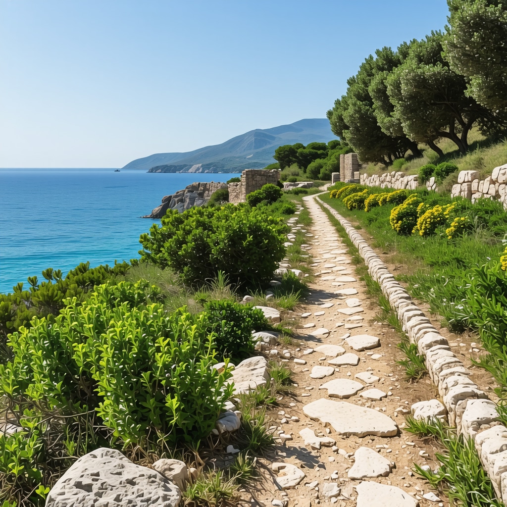 Coastal hiking trail near Senj showing ancient ruins and Mediterranean plants alongside the Adriatic Sea