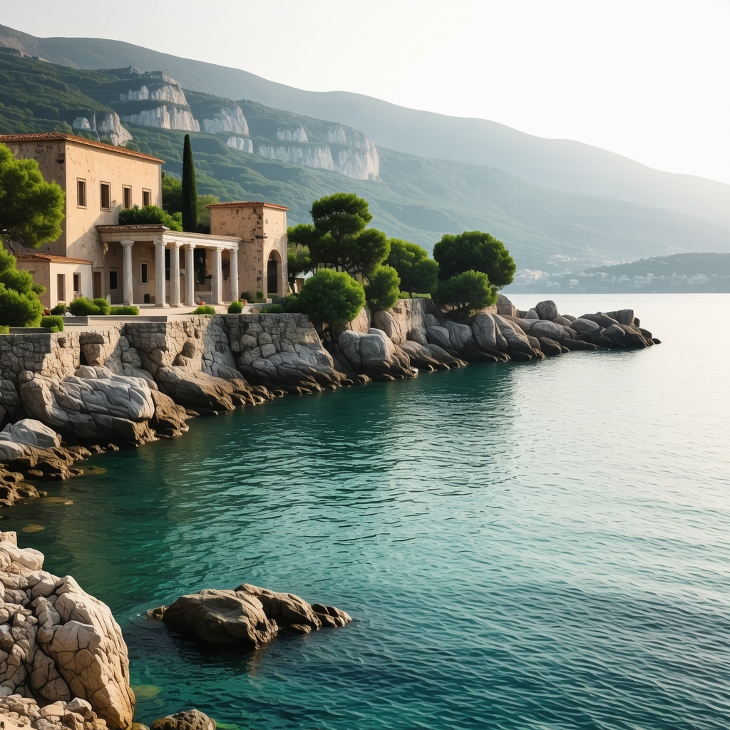 Senj coastal view showing clear Adriatic sea, ancient ruins, and green vegetation during sunset