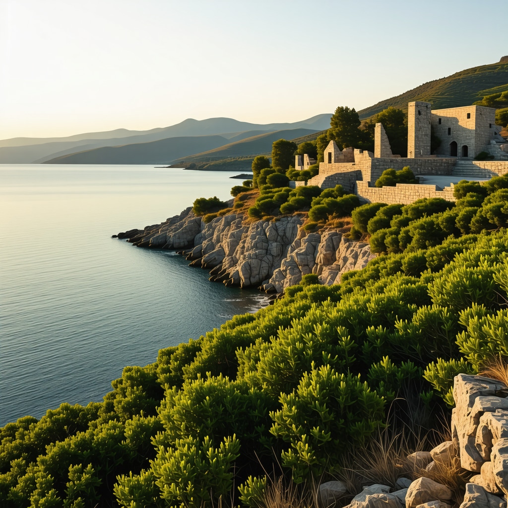 Panoramic view of Senj coastline showing ancient ruins and lush vegetation at sunset
