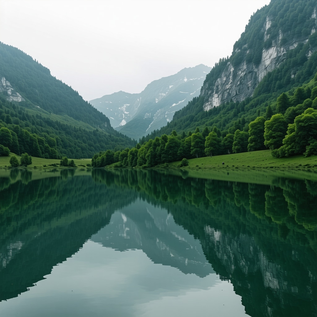 Beautiful lake scene with mountains and lush greenery
