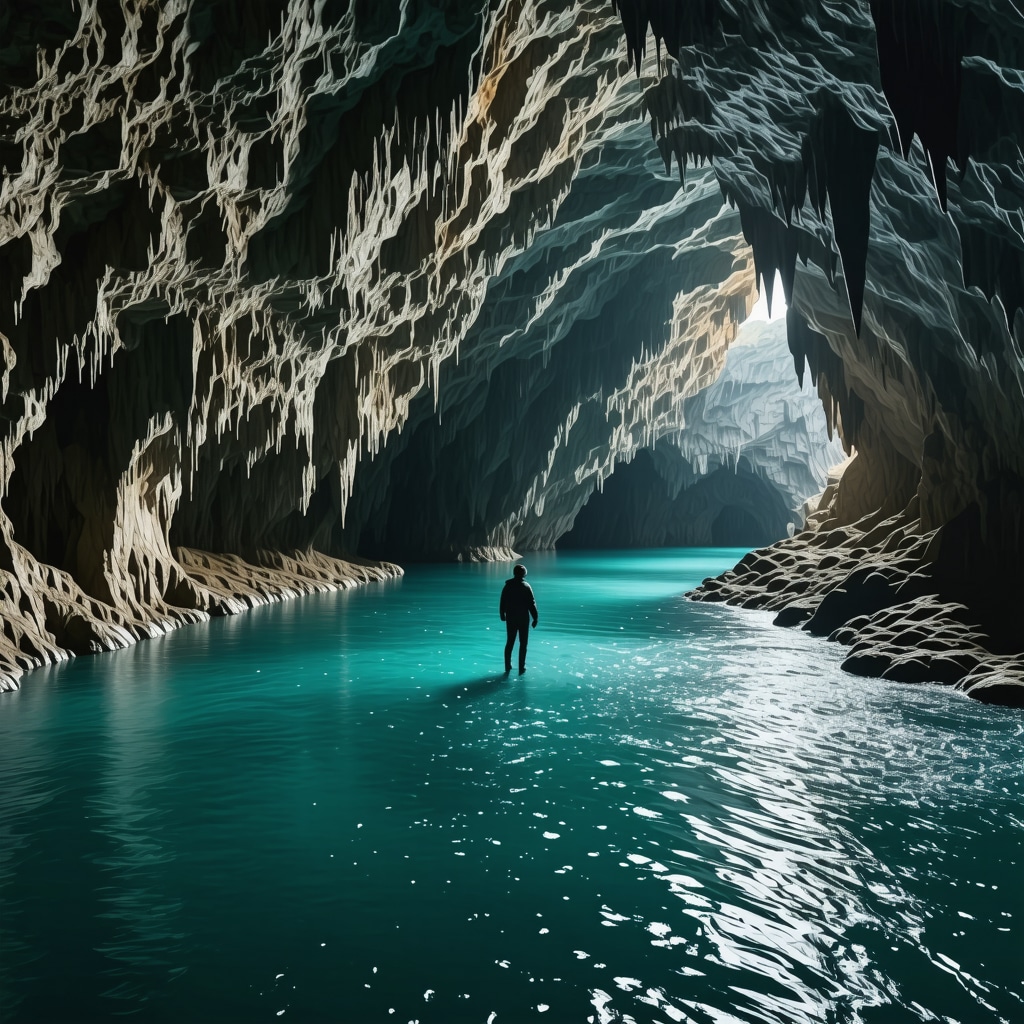 Underground river and rock formations inside Škocjan Caves with natural light