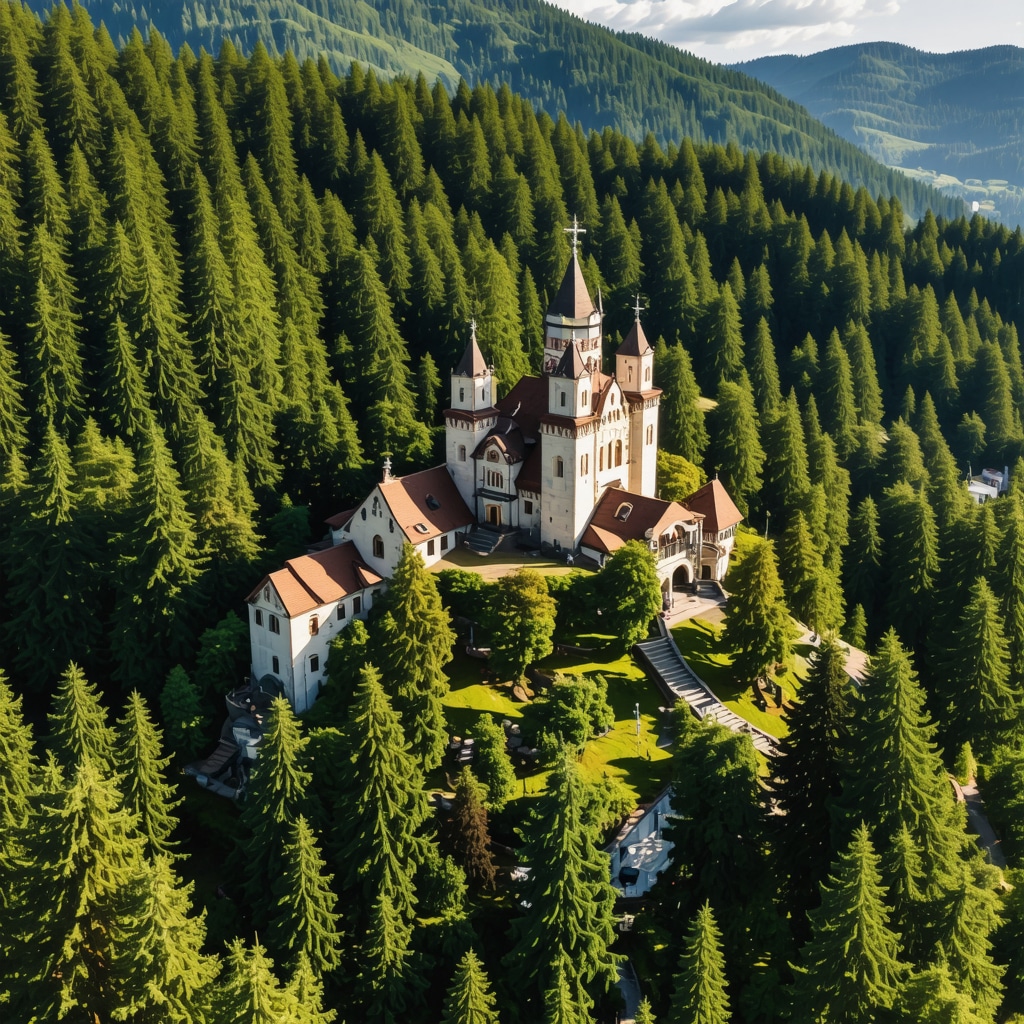 Sinaia Manastırı ve etrafındaki doğal ortamın kuşbakışı görünümü