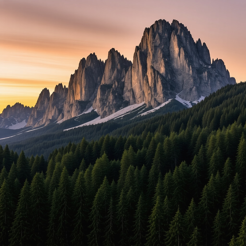 Spectacular view of Sinaia's mountains with lush forests and colorful sunset sky.