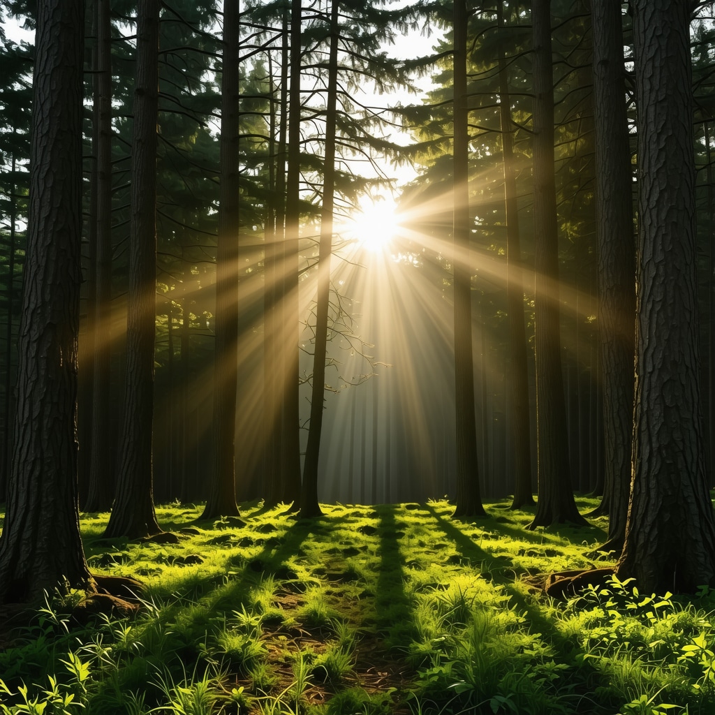 A tranquil Slovenian forest scene with sunlight piercing through dense trees, capturing natural beauty and serenity