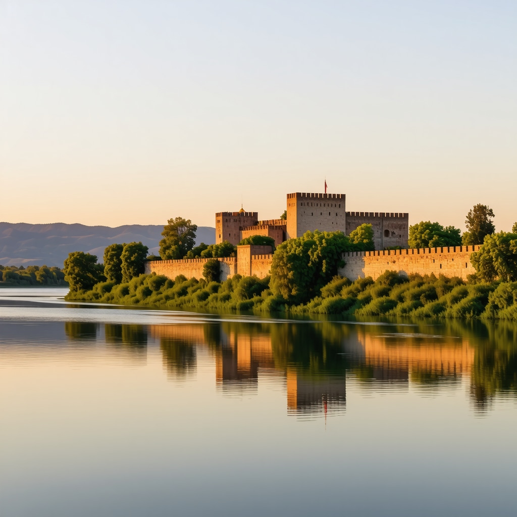 Panoramic view of Smederevo Castle with Danube River and surrounding nature at sunset