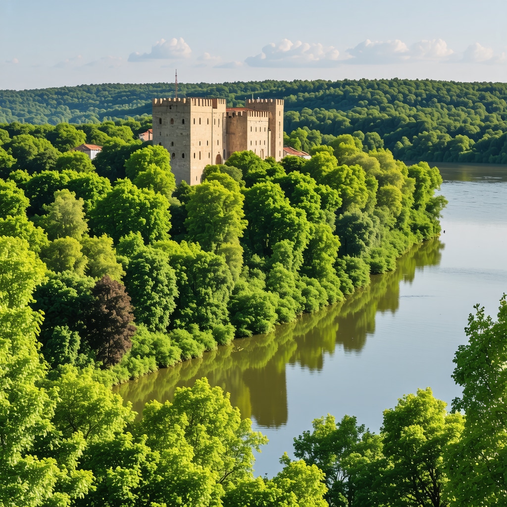 Panoramic image of Smederevo Castle with surrounding forests, Danube River, and walking trails