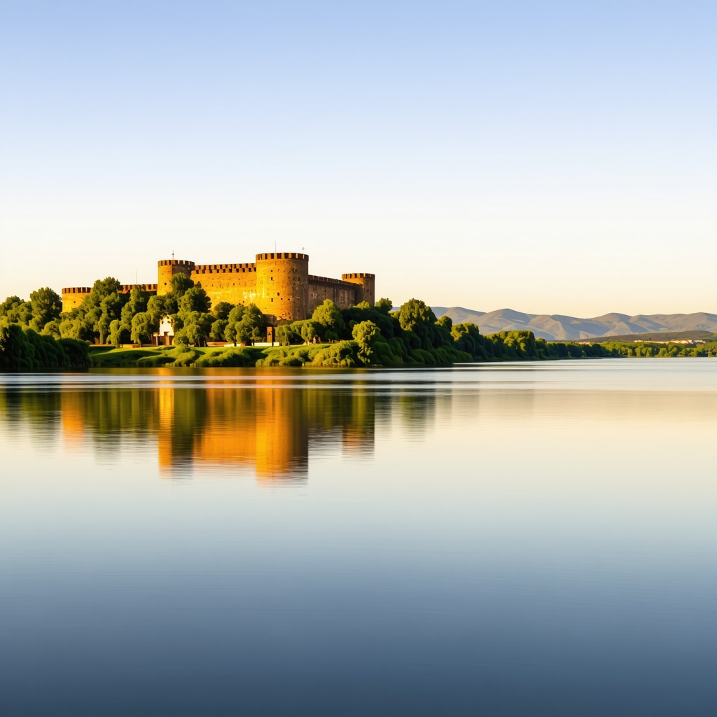 Panoramic view of Smederevo Fortress with Danube River and surrounding greenery during sunset