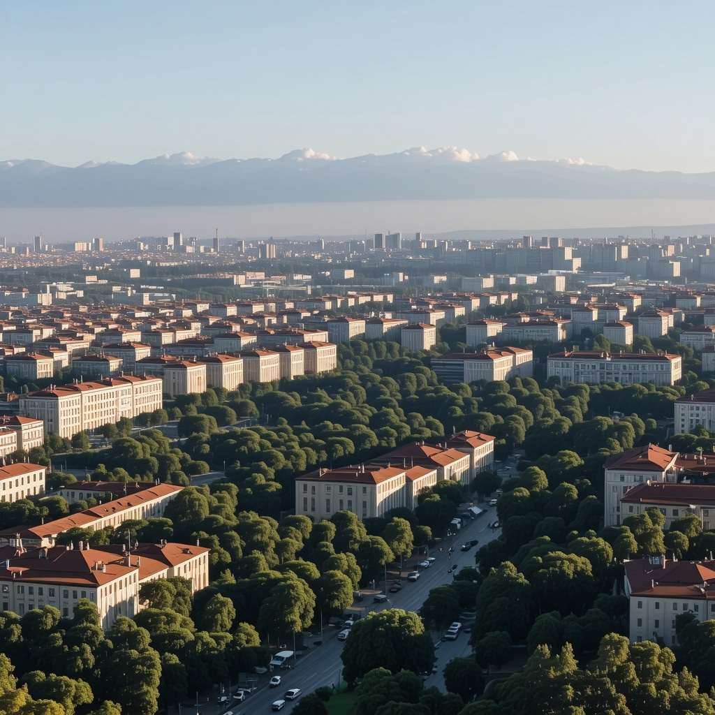 Aerial view showcasing Sofia's green landscapes and historical sites interwoven with modern eco-friendly developments