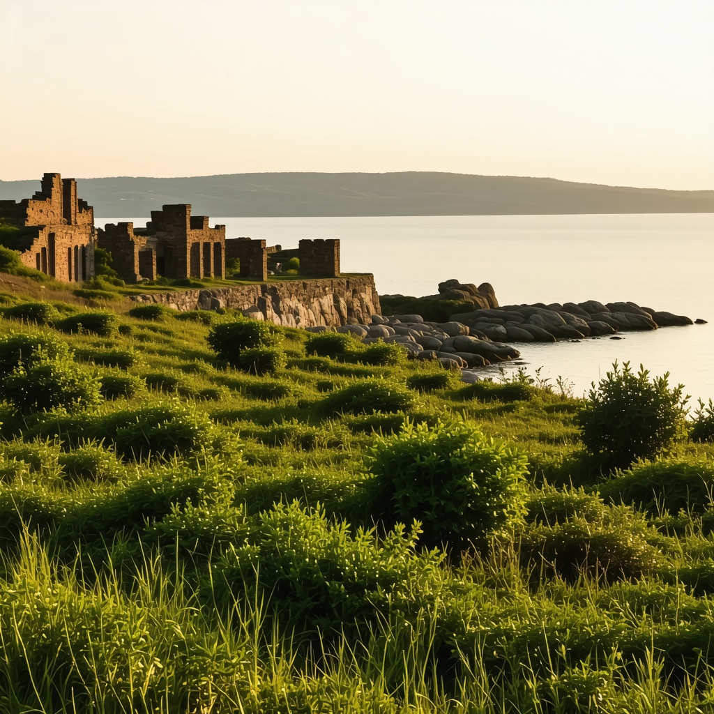 Panoramic image showing Sozopol’s ancient ruins alongside green coastal nature at sunset