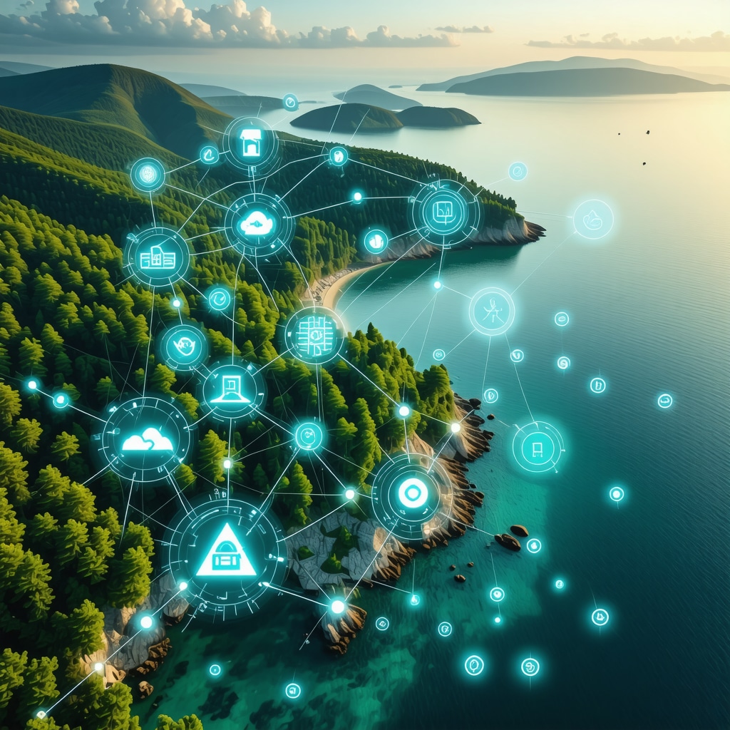 Aerial view of Sozopol coastline with overlay icons representing smart tourism technology and biodiversity conservation