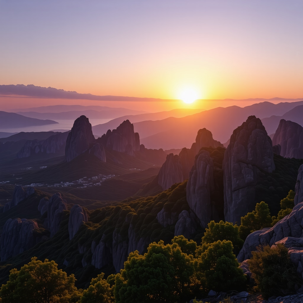 Kalambaka'da güneş batarken, Meteora'nın kayalıkları ve manastırları arasında ruhani bir atmosfer
