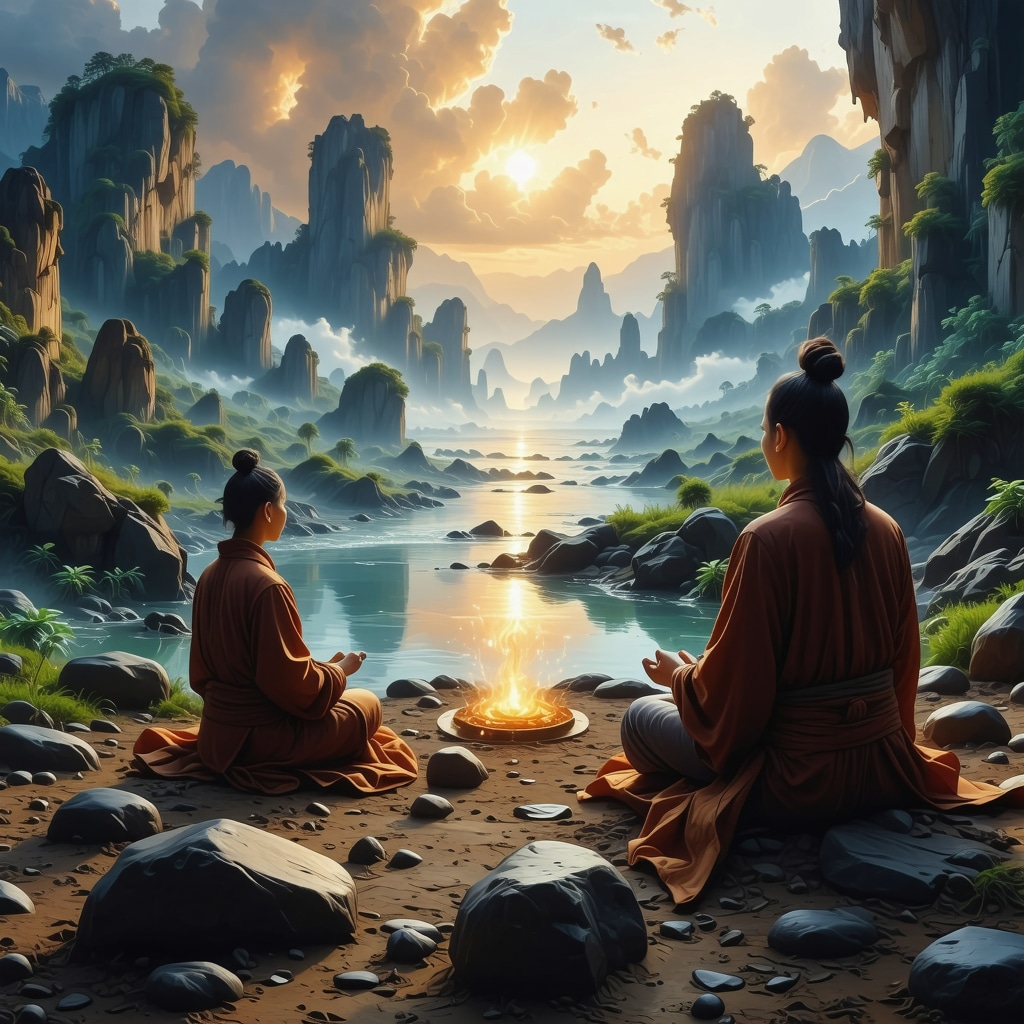 Meditasyon yapan insanlar ve doğal enerji alanlarıyla çevrili huzurlu bir doğa ortamı