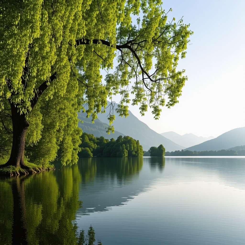 Scenic spring view of Lake Bled with lush greenery and calm waters