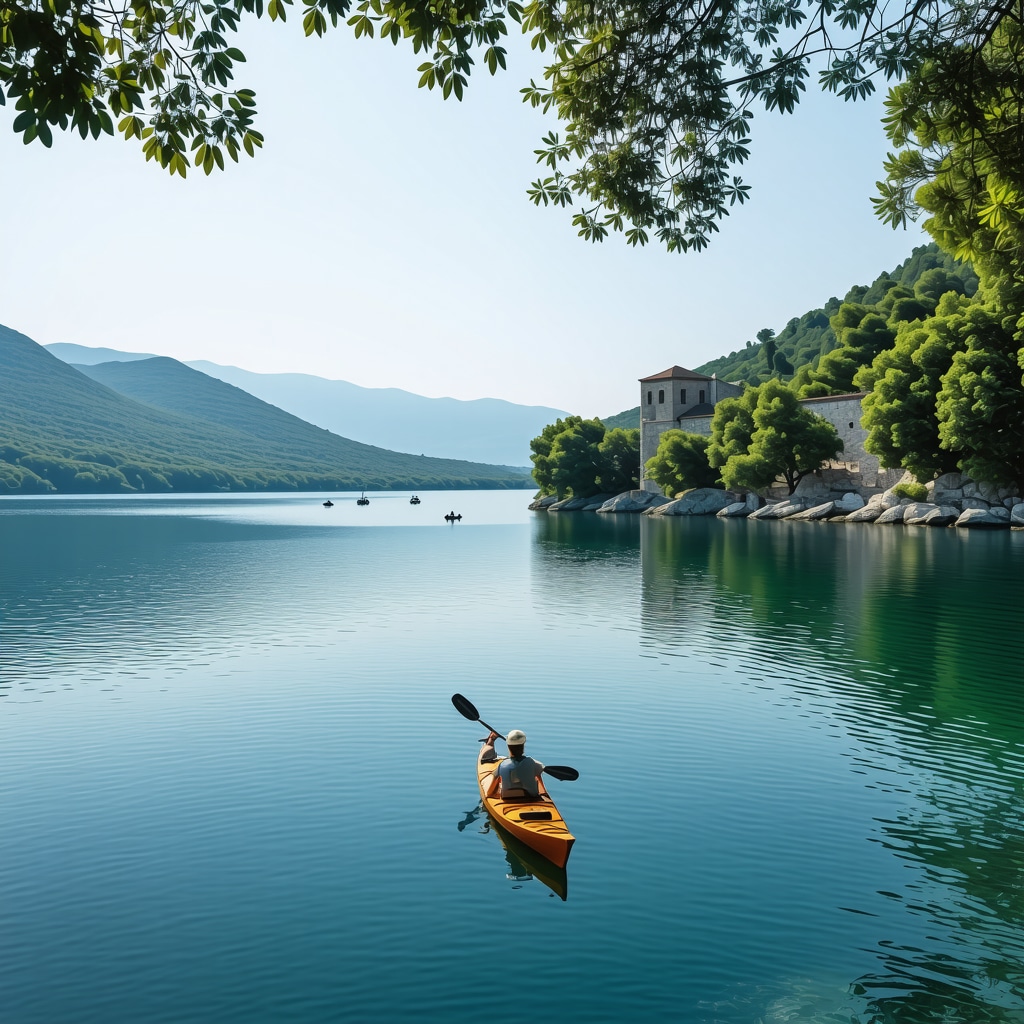 Panoramic spring view of Mljet National Park showing greenery, Benedictine monastery ruins, calm blue lakes, and kayakers