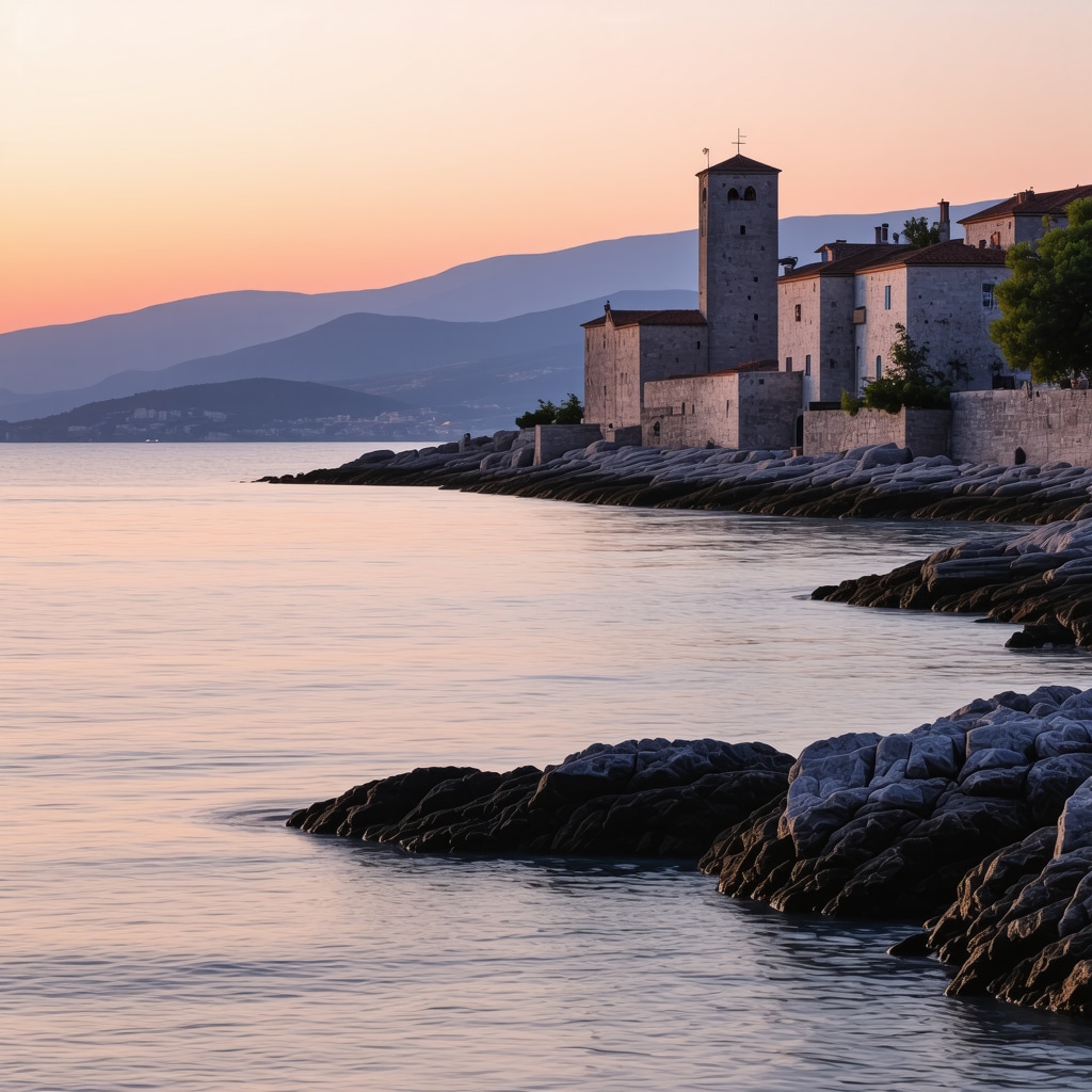 Sunrise view of Trogir's rocky shore with historic stone buildings and calm Adriatic sea