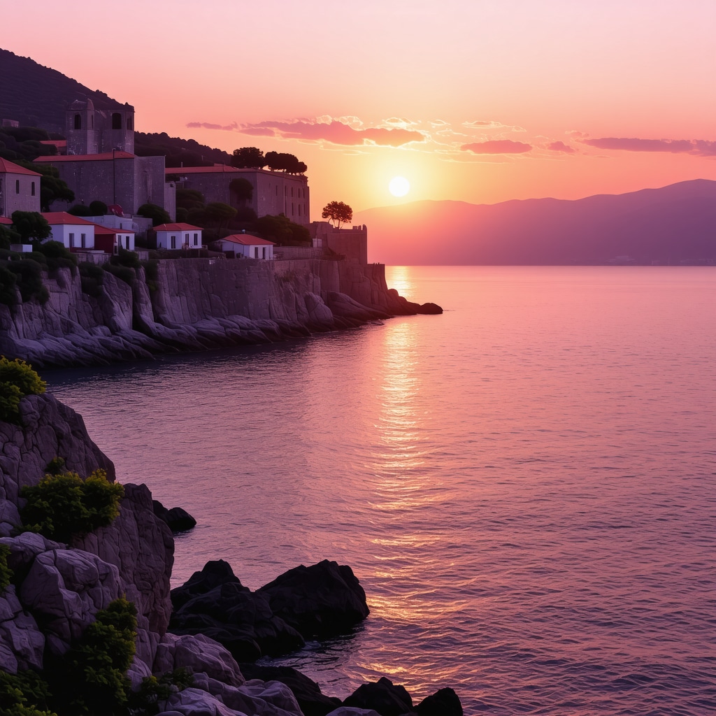 A breathtaking sunset view of Sveti Stefan island in Montenegro with vibrant colors and tranquil surroundings