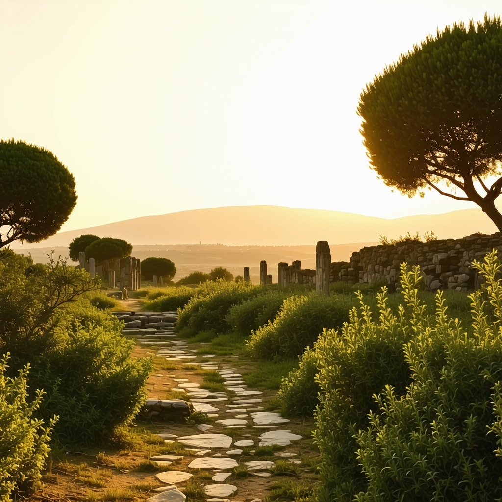 Golden sunset casting light over Apollonia ancient ruins surrounded by lush greenery