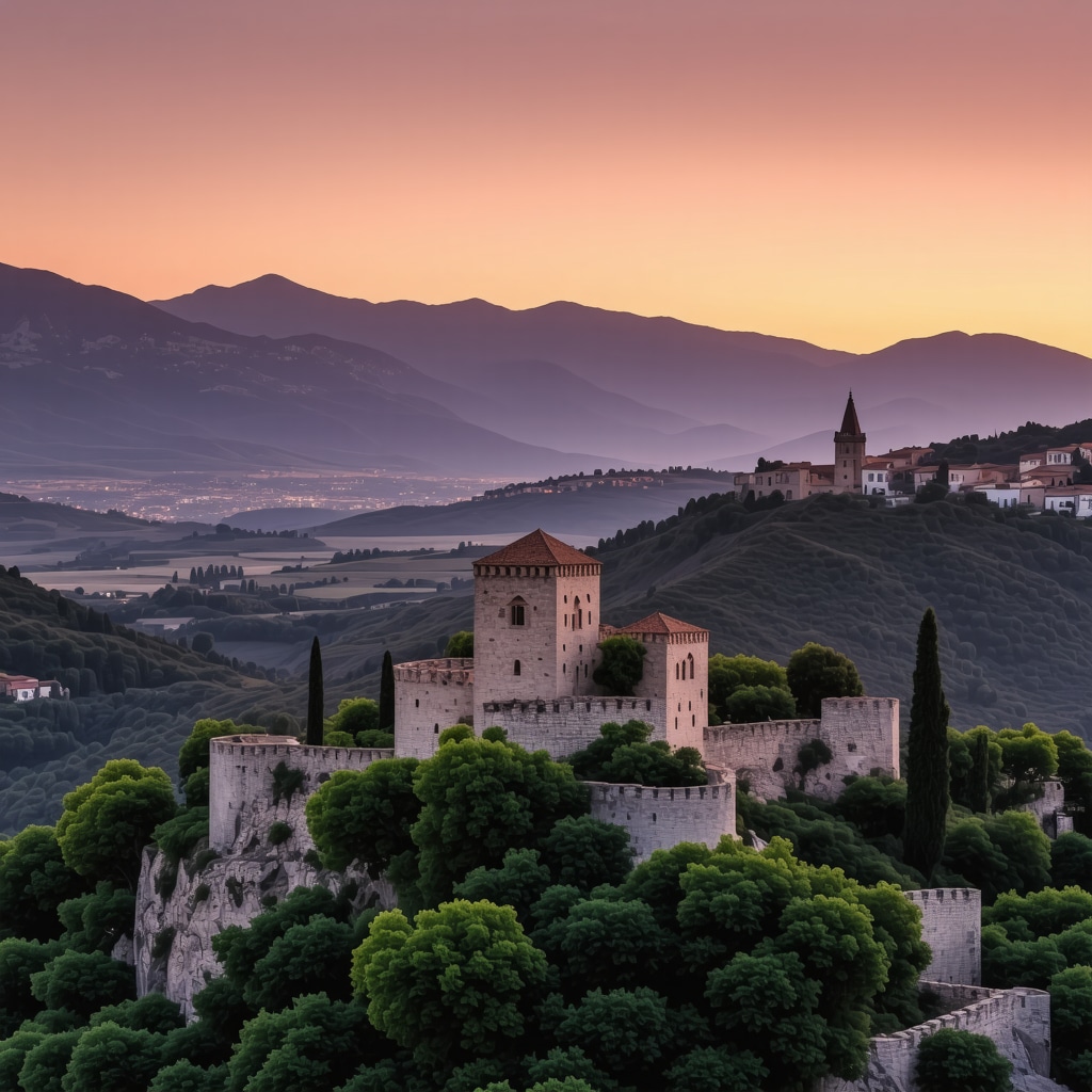 Sunset view of Kruja castle and mountains with vibrant colors