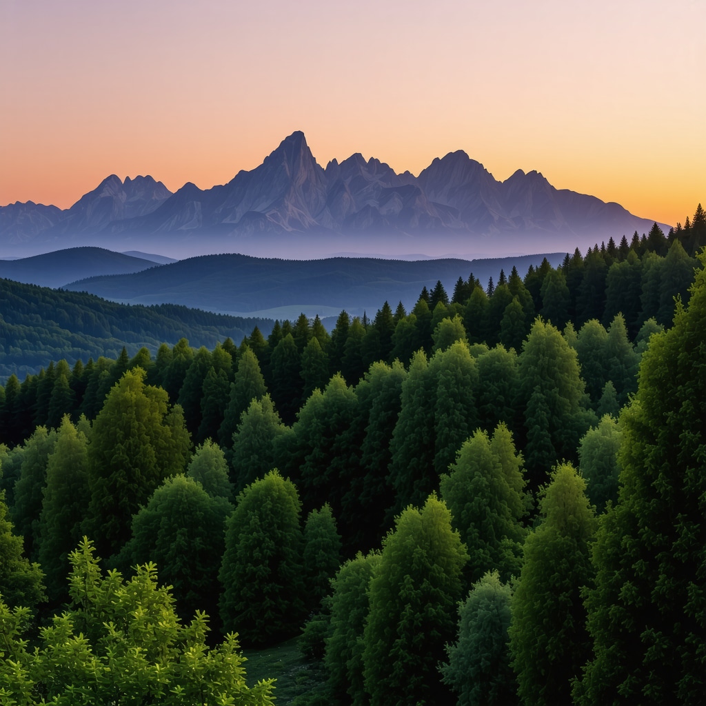 Panoramic view of Lovćen Mountain with forests and peaks at sunset.