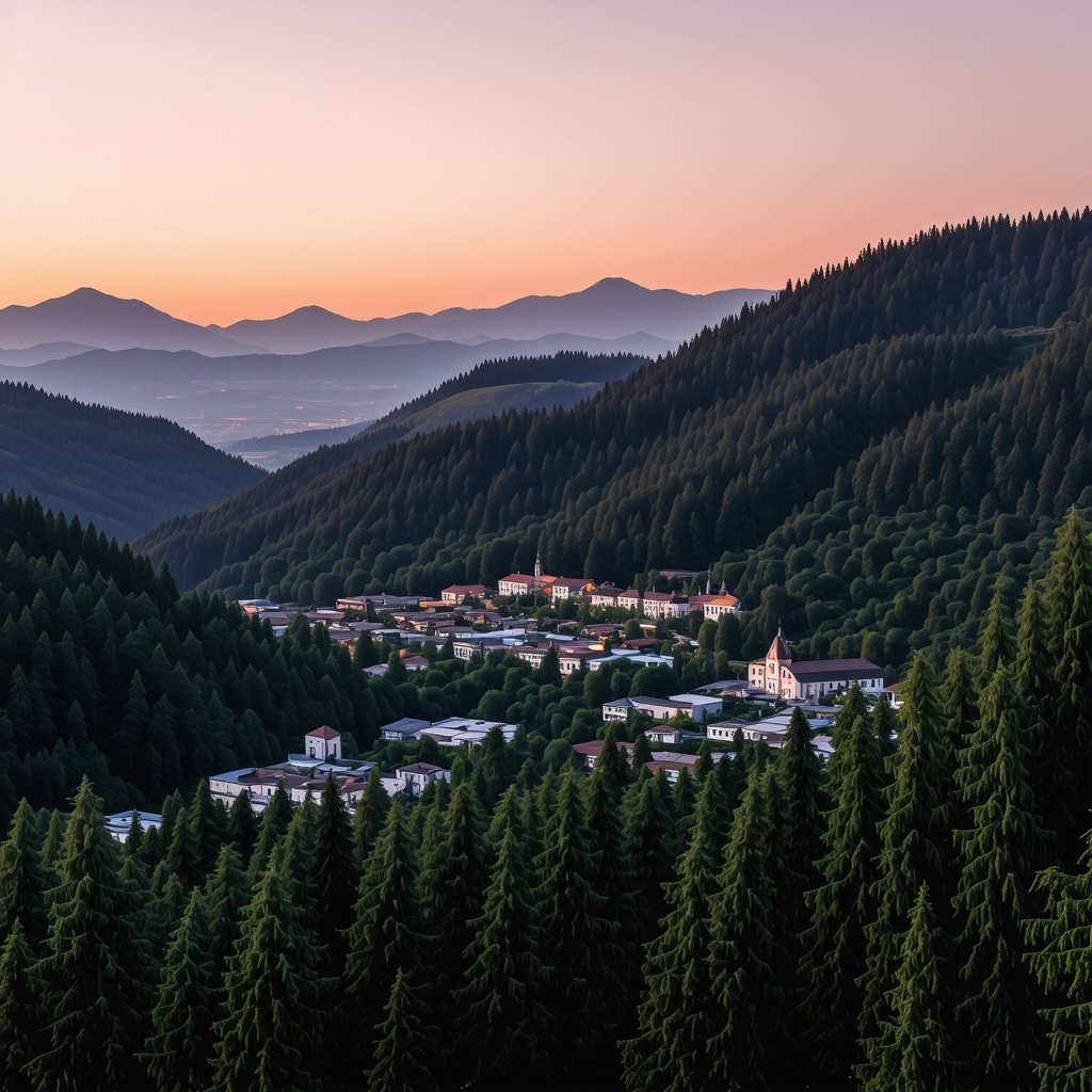 Scenic sunset view of Sinaia mountains, forests, and historical sites