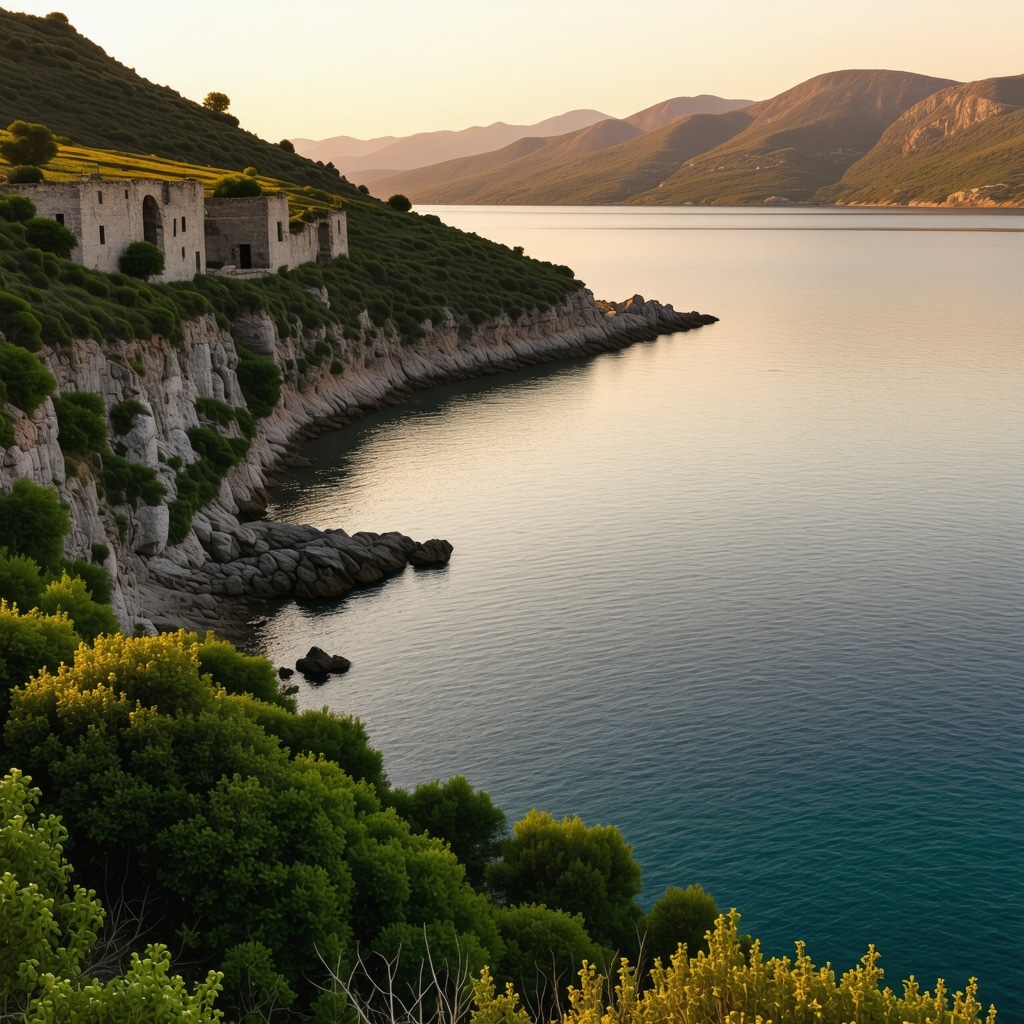 Sunset view of Tekirdağ's secluded cove with historic ruins and lush nature