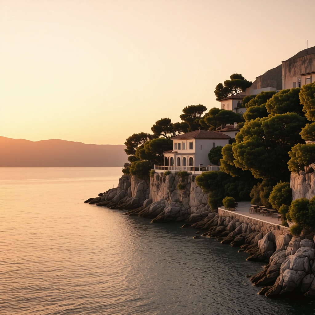 Beautiful sunset over Sveti Stefan with luxurious villas and lush greenery