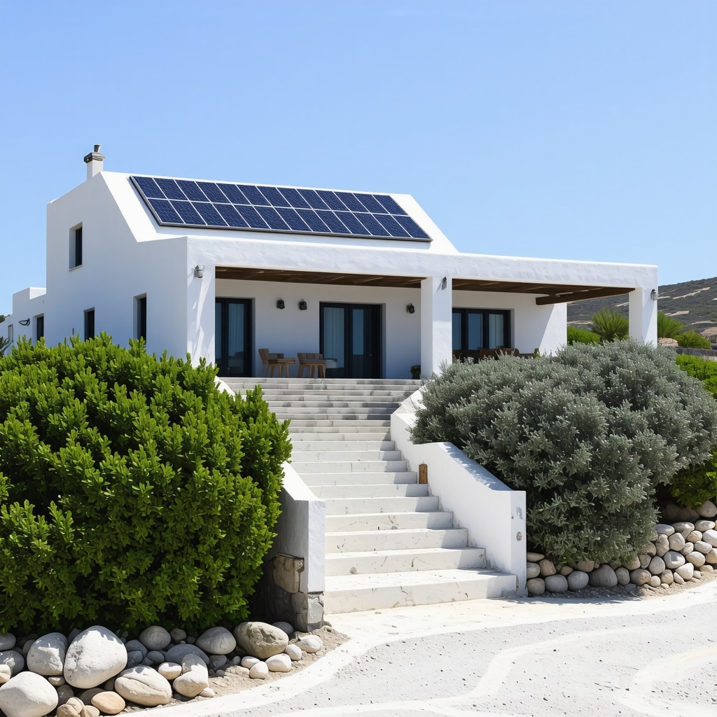 Eco-friendly luxury villa in Mykonos with solar panels and traditional architecture surrounded by Mediterranean plants
