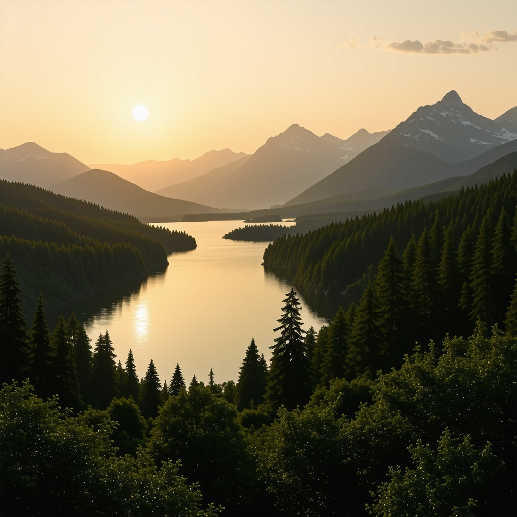 A peaceful natural scene showcasing mountains, forests, and the sea with warm sunset lighting.
