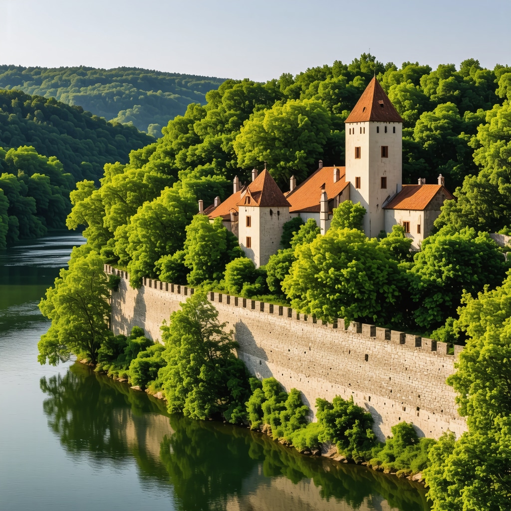 Ljubuški historic castle surrounded by green nature with tourists participating in eco-friendly activities