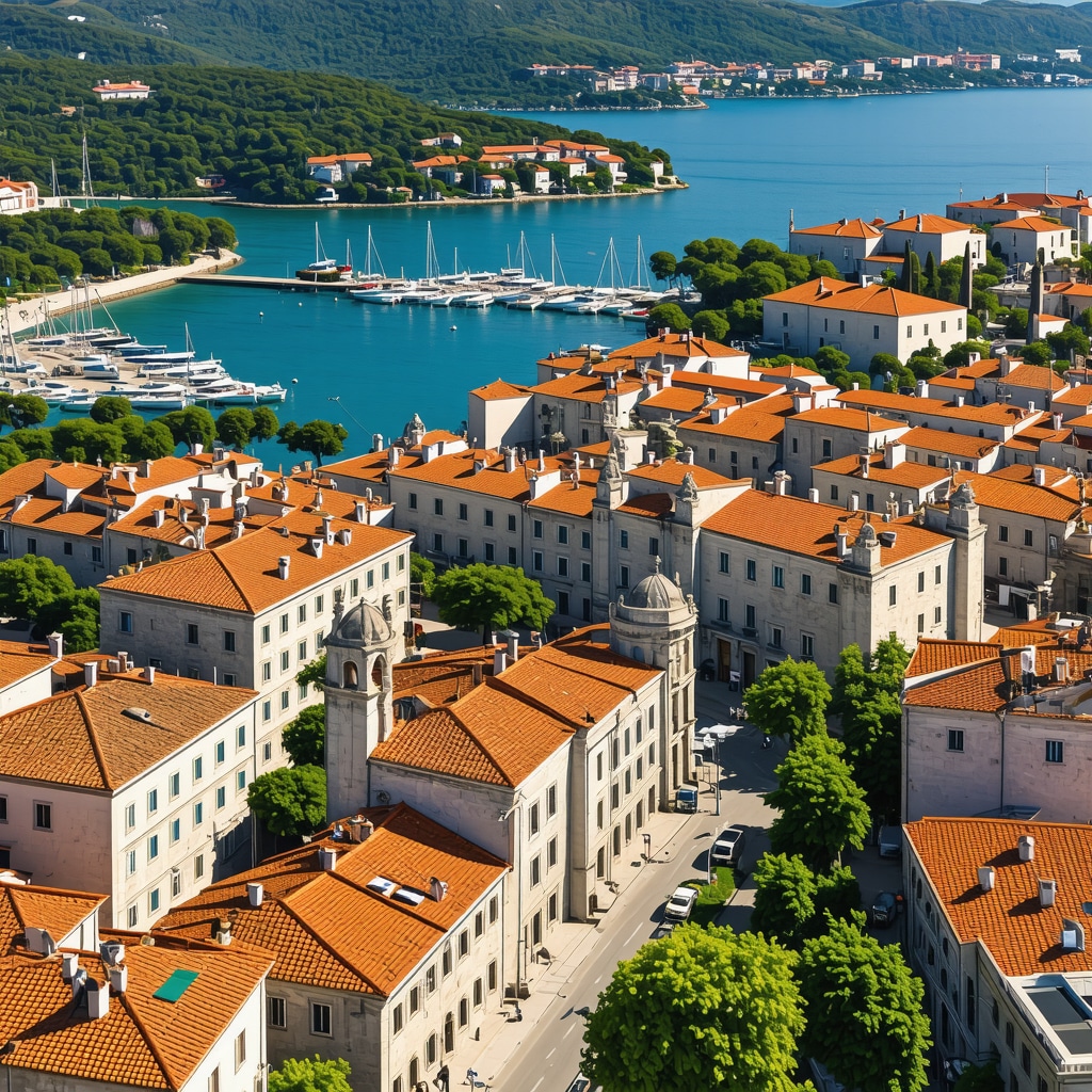 Aerial image of Sibenik featuring historic buildings, green parks, and sustainable transport options
