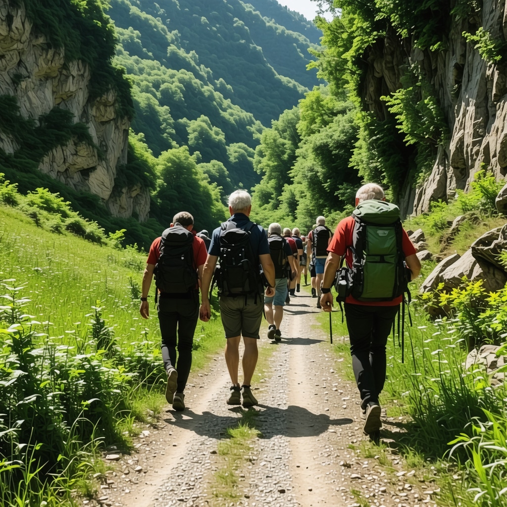 Hikers exploring Rugova Canyon with local guide emphasizing sustainable tourism and cultural heritage