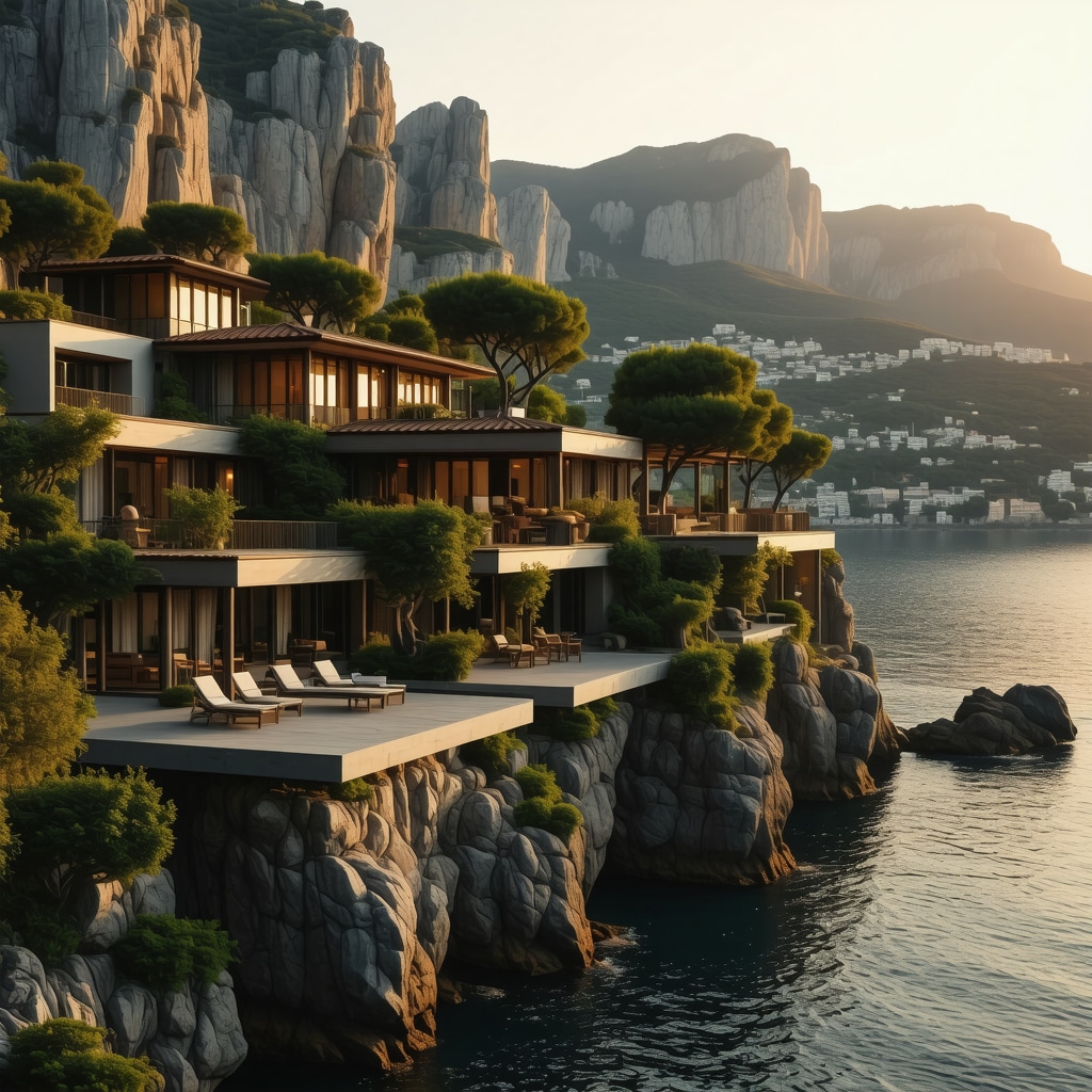 Luxury resort in Sveti Stefan surrounded by natural landscapes and sea views at sunset