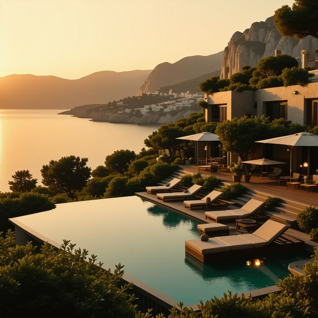 Luxury resort in Sveti Stefan showcasing smart sustainable technology and Mediterranean natural environment at sunset.