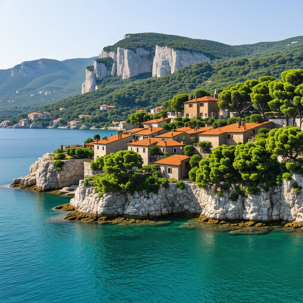 Panoramic view of Sveti Stefan with red-roofed stone houses, turquoise sea, and lush greenery representing sustainable luxury tourism