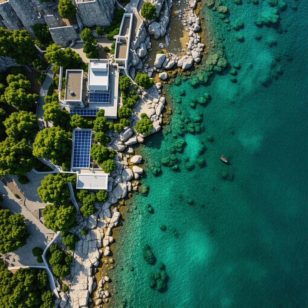 Aerial image of Sveti Stefan island with luxury resorts, natural rocky coastline, turquoise sea, and visible solar panels representing sustainable tourism