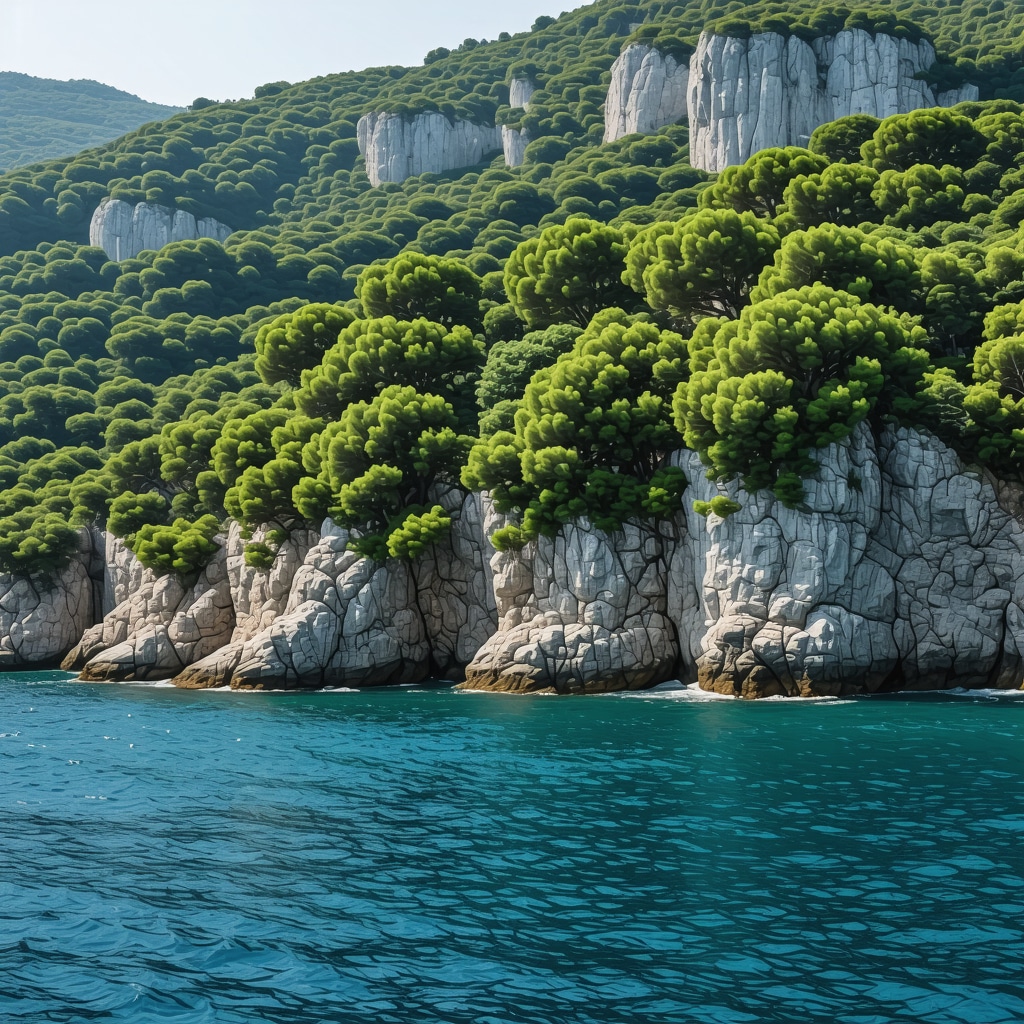 Green forest and rocky coast of Sveti Stefan emphasizing eco-tourism and ecological preservation