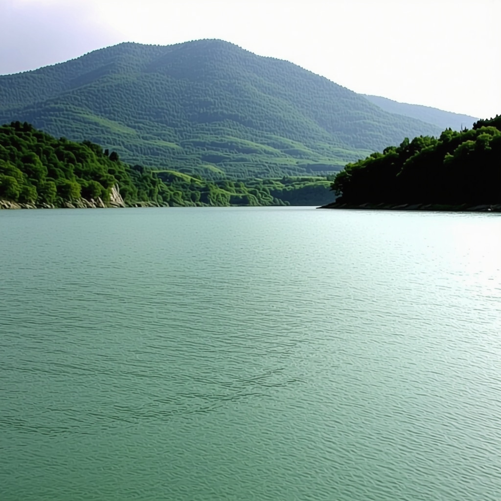A peaceful mountain scene in Tetova with a lake and lush greenery.