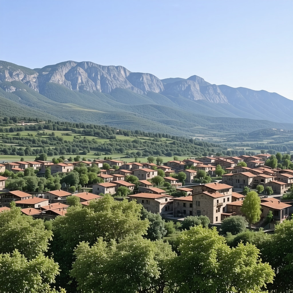 Panoramic landscape of Tetova with mountains and traditional villages.
