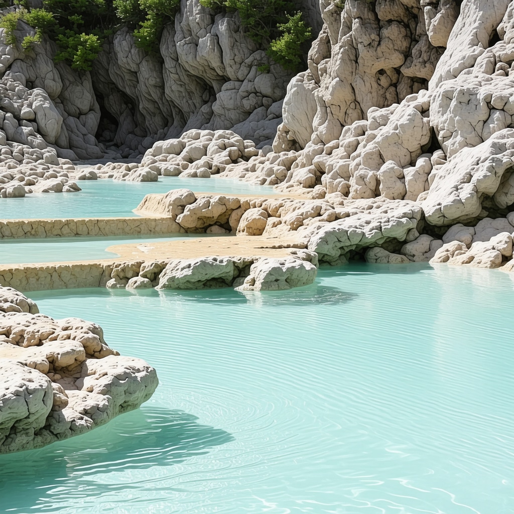 Scenic view of thermal springs surrounded by greenery and mountains