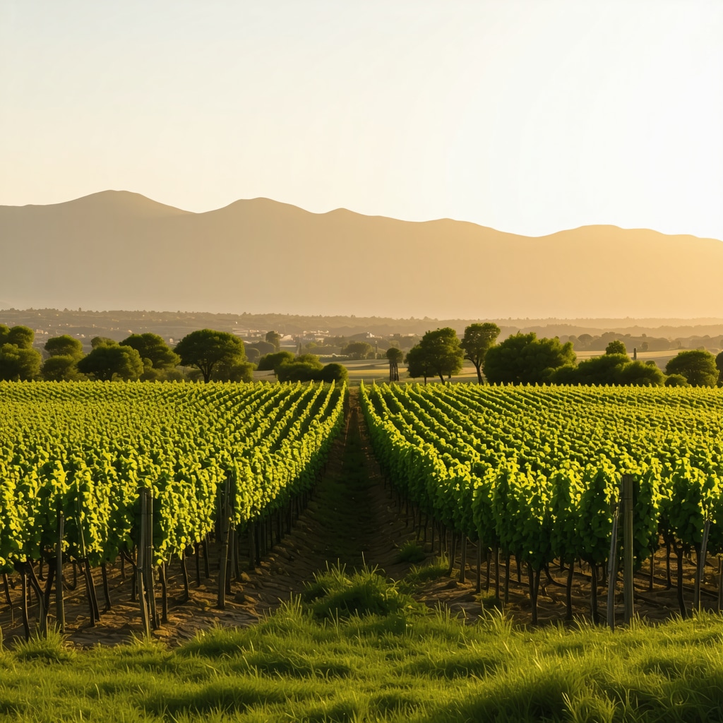 Sunset over Tikveş vineyards with surrounding mountains
