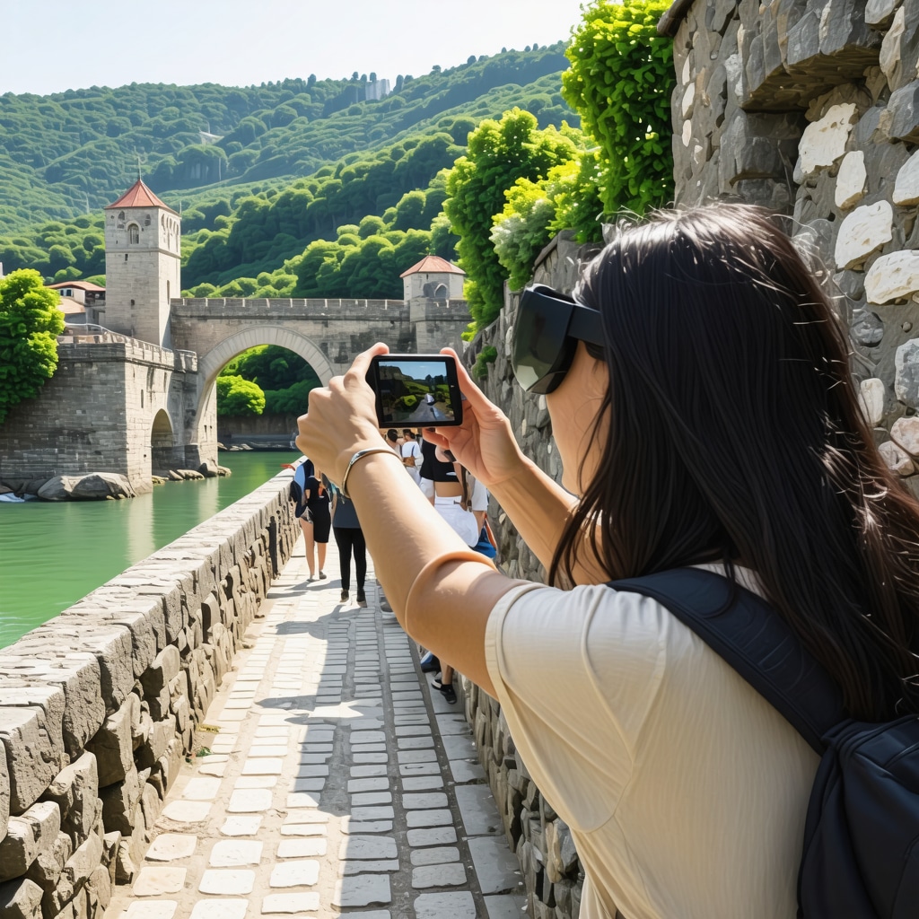 Tourists with augmented reality glasses exploring Mostar Bridge and surrounding nature