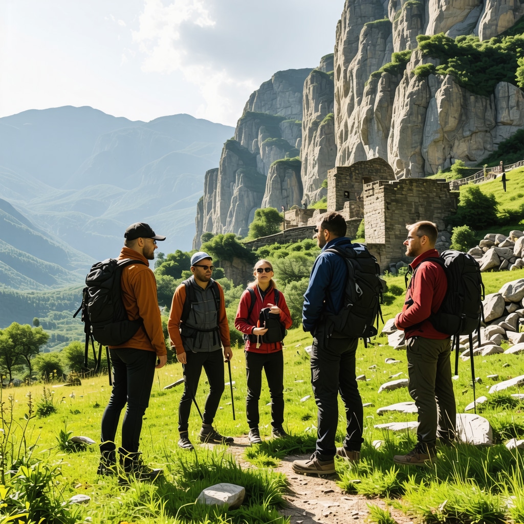 A trekking guide pointing at historical ruins while hikers listen attentively in Peja nature park with mountainous landscape