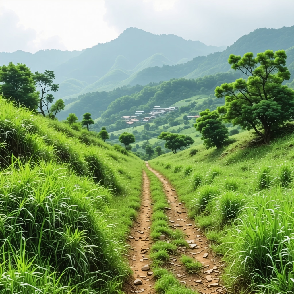 A serene mountain trail in Tutin surrounded by lush greenery and scenic views.