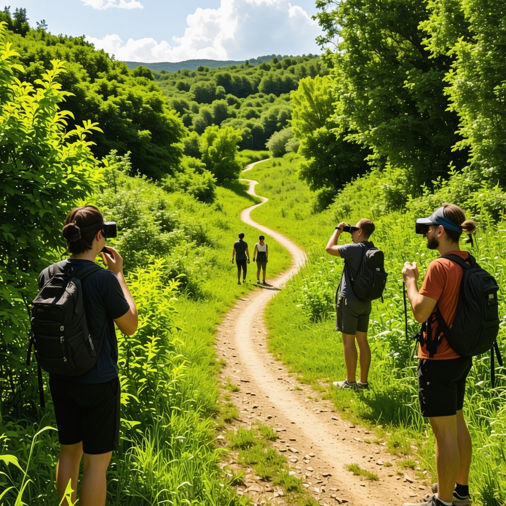 Hikers exploring Tutin's nature trails with augmented reality overlays of historical landmarks and wildlife