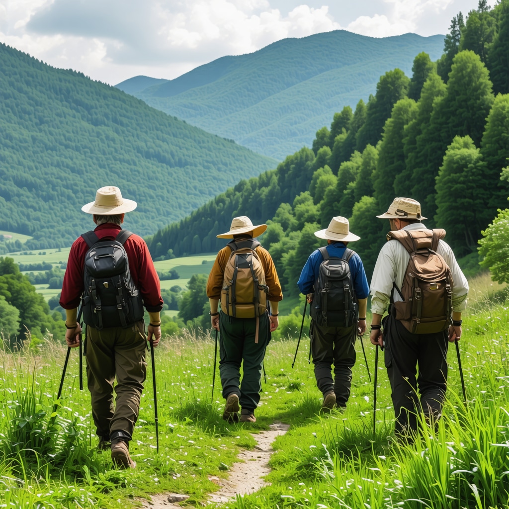 Panoramic landscape of Tutin with hikers and local artisans demonstrating Balkan traditions, symbolizing sustainable tourism.